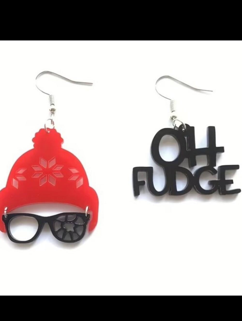 Red Snow Hat & Black 'Oh Fudge' Novelty Earrings